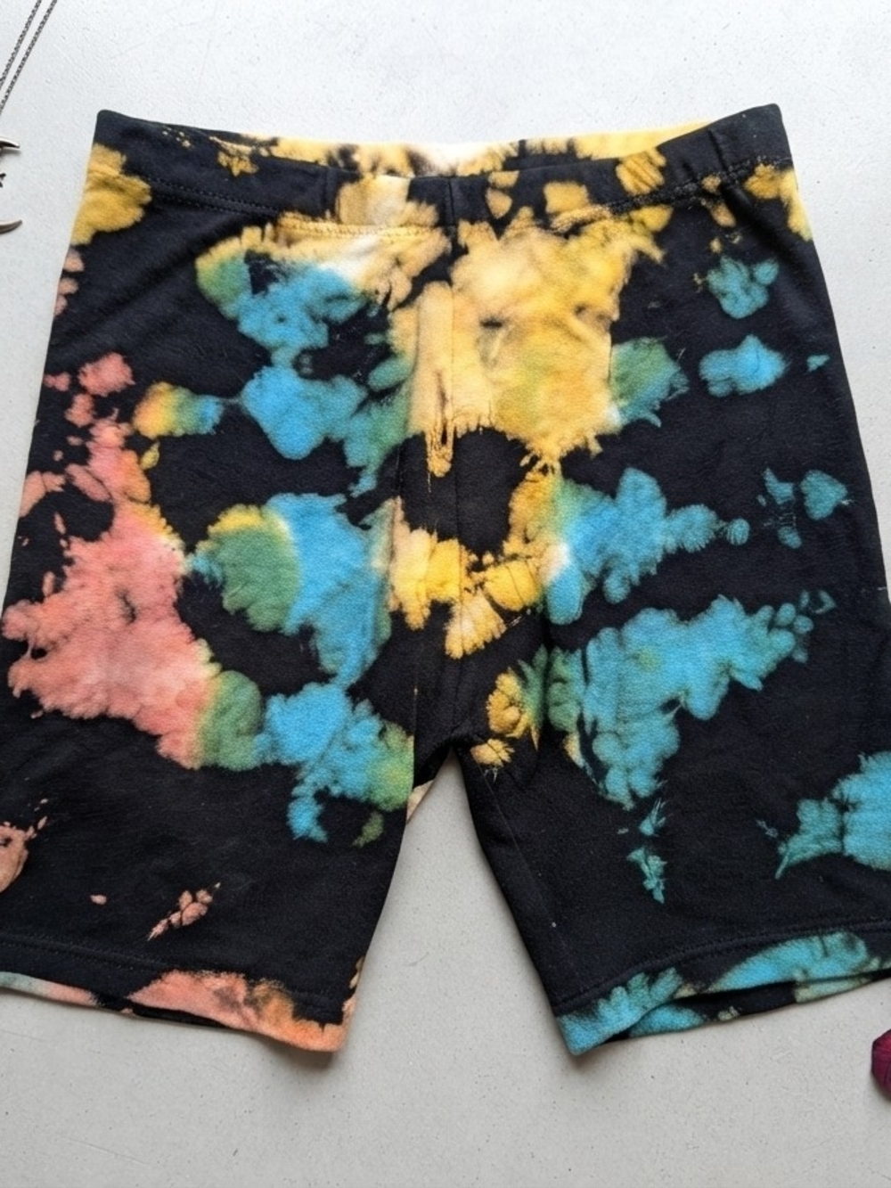 Cotton Citizen Black Tie-Dye Athletic Shorts with Blue, Yellow & Pink Accents